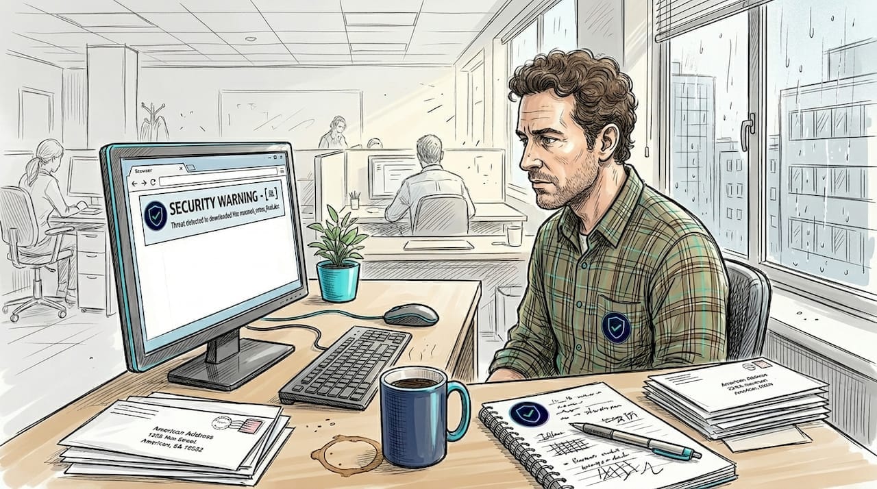 Man using URL checking tool at office desk
