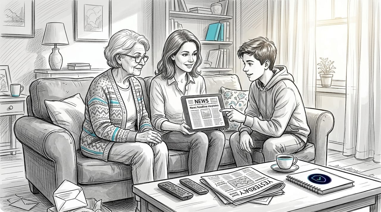 Family talks about scams in living room