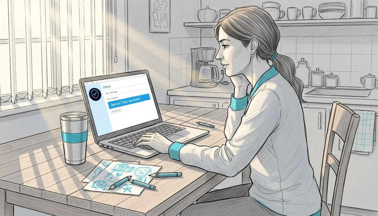 Woman checking email link at kitchen table