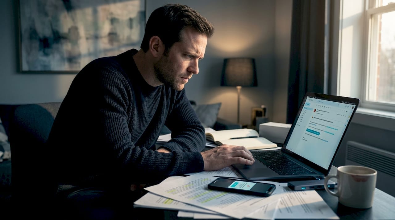 Man reading urgent email at cluttered home desk