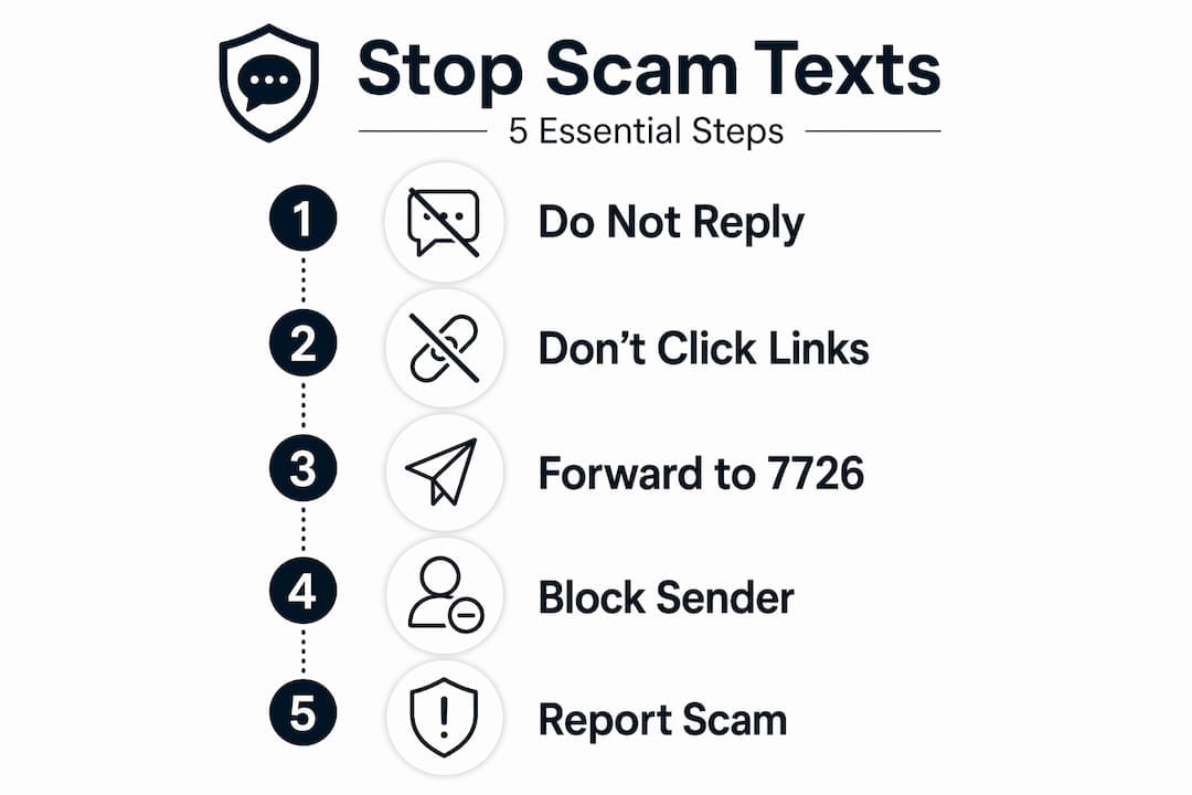 Infographic with five-step scam text response guide