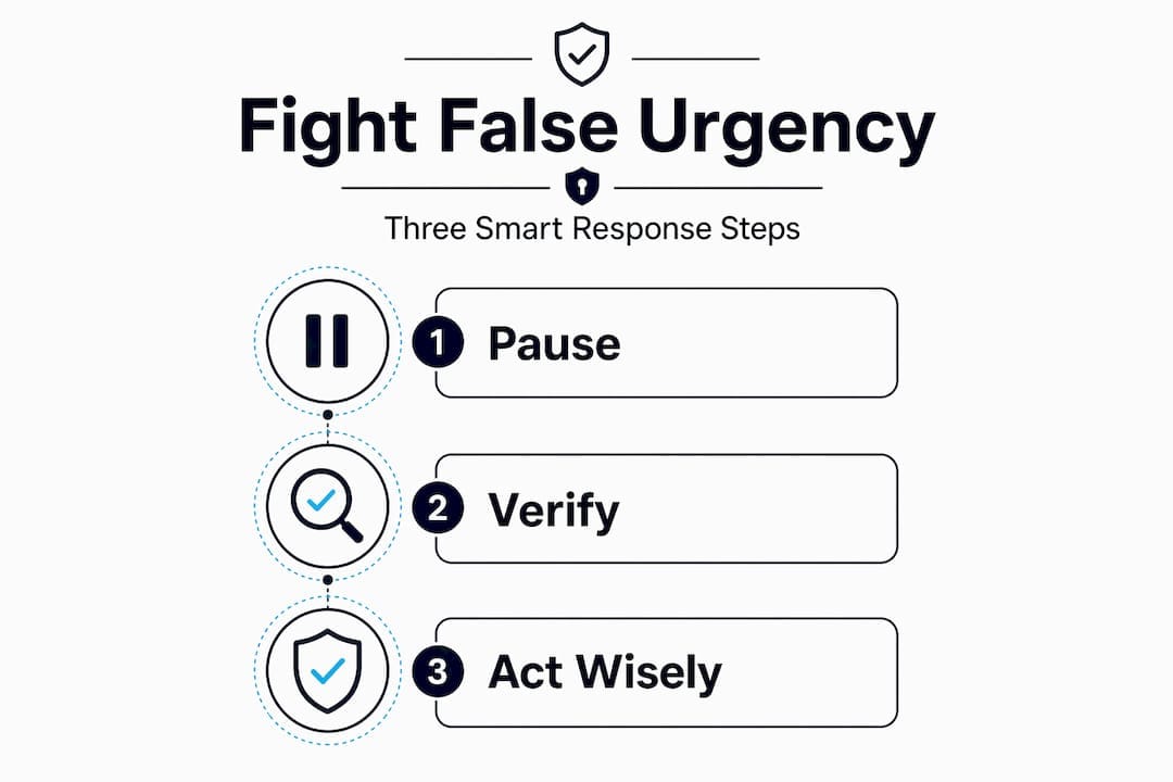Infographic showing steps to defeat scam urgency
