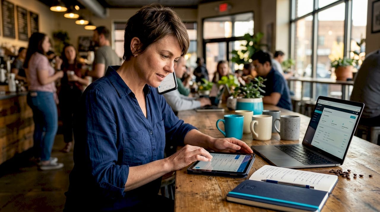 Business owner juggling emails and phone in office