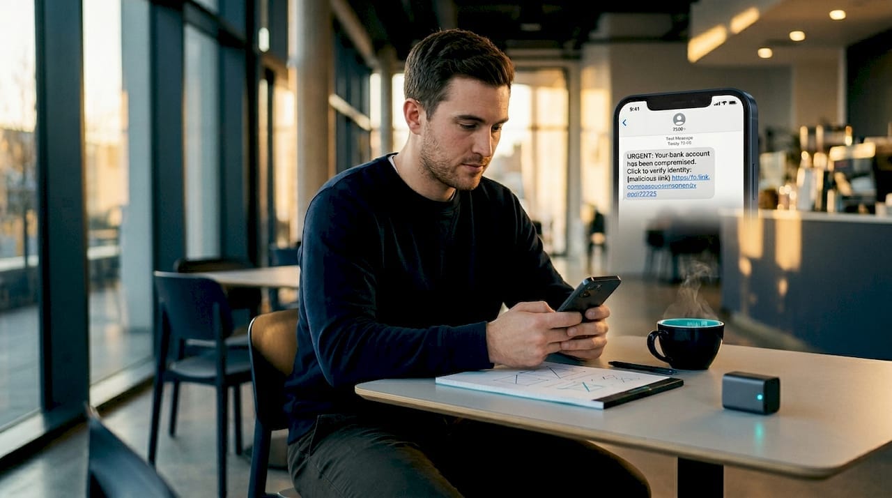 Man forwarding scam text from home office