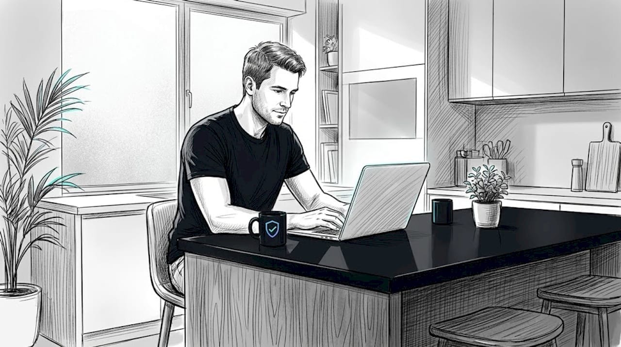 Man checks scam message on kitchen laptop