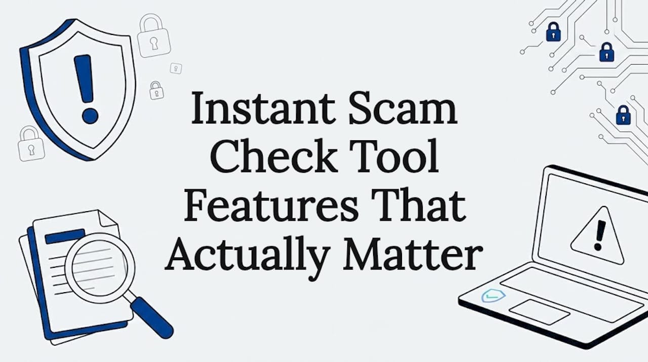 Decorative editorial title card with scam detection icons