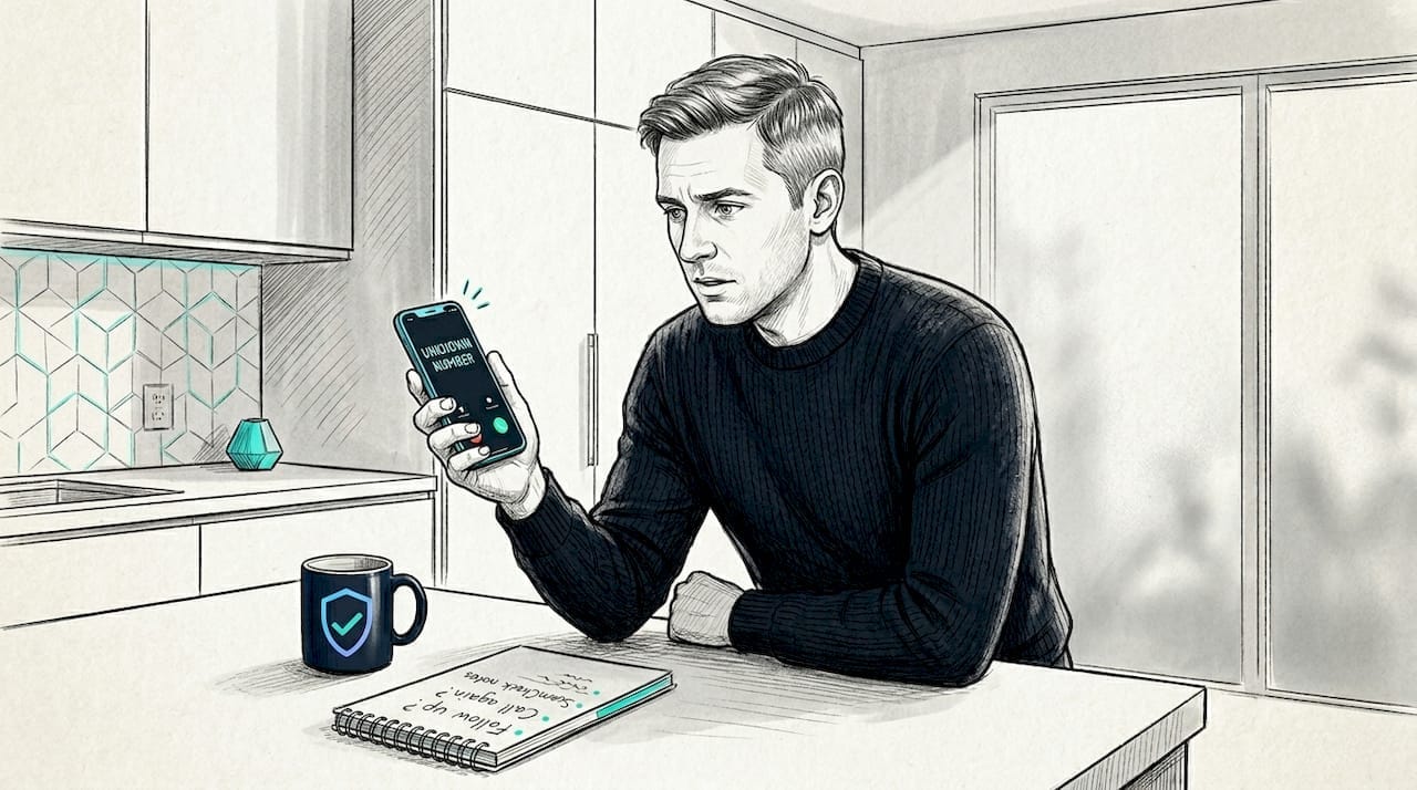 Man puzzled by unknown phone call at kitchen table