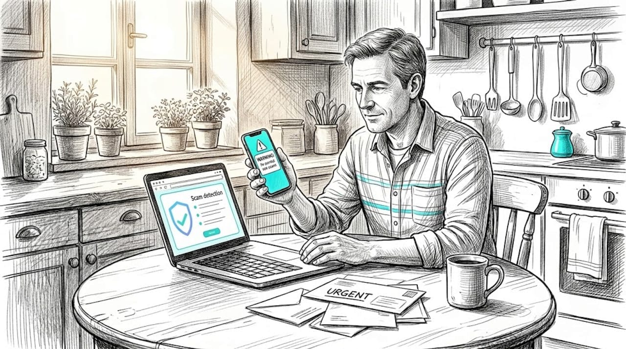 Person checking scam warning on devices