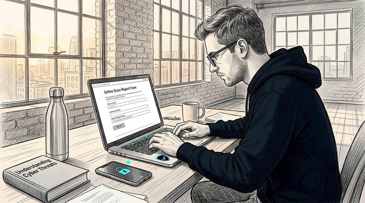 Man submitting scam report privately at desk