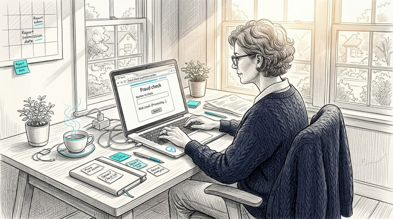 Person checking phone number in home office