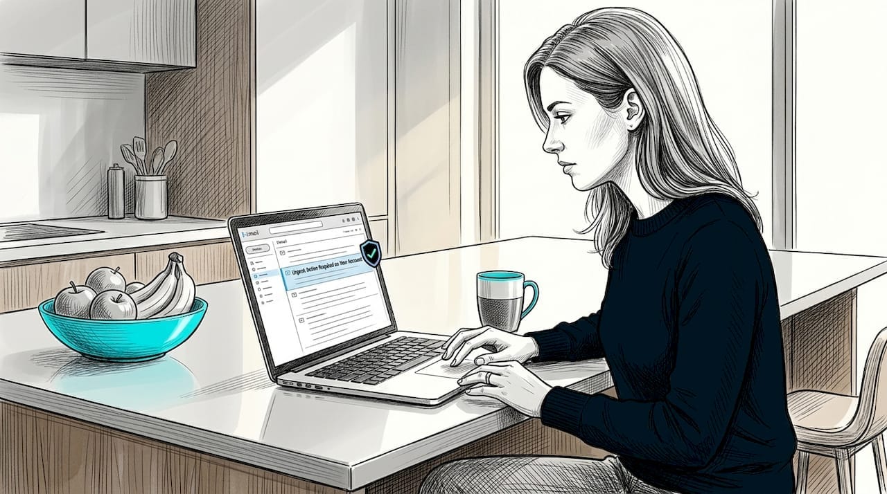 Woman checking suspicious email at kitchen table