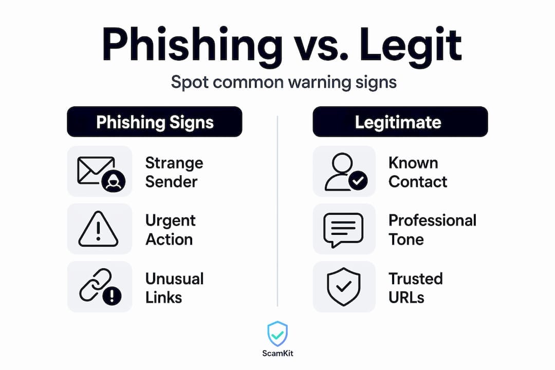 Infographic comparing phishing and legitimate email signs