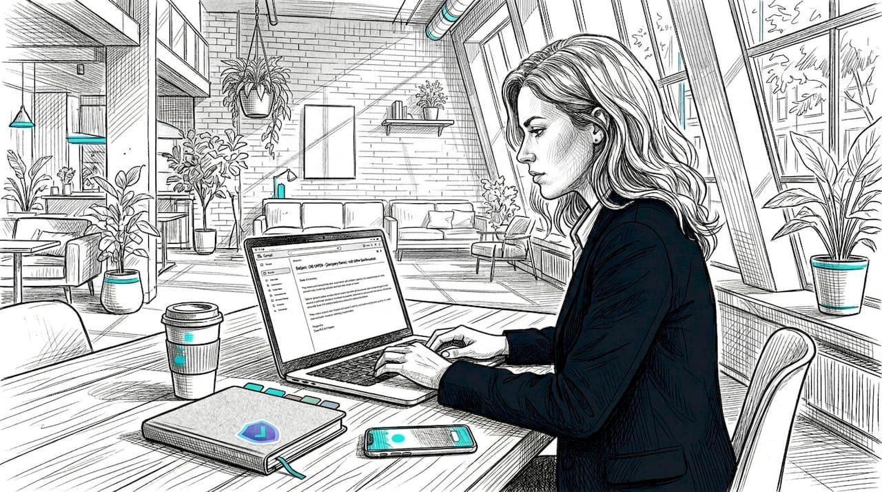 Woman reading suspicious job email at desk